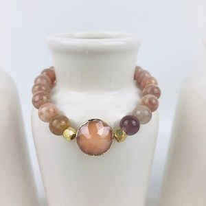 Womens Sunstone Pink Gemstone Beaded Bracelet